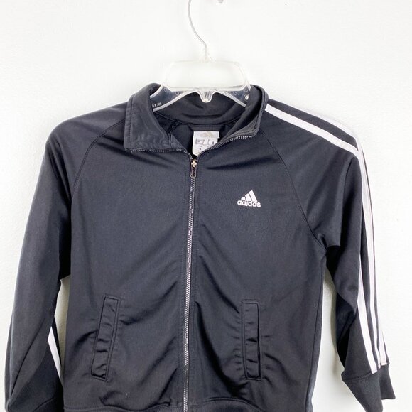 🦋 ADIDAS Kids Black Track Zip Up Jacket 3 Stripe Size 6 - Picture 2 of 6